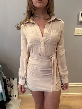 Sabo Skirt Cream Mini Shirt Dress with Tie Waist